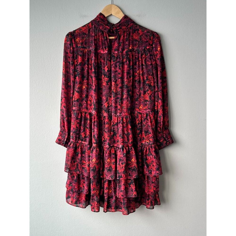 Cinq à Sept Drew High Neck Tiered Floral Mini Dress Red Black Size 12 - Picture 3 of 9